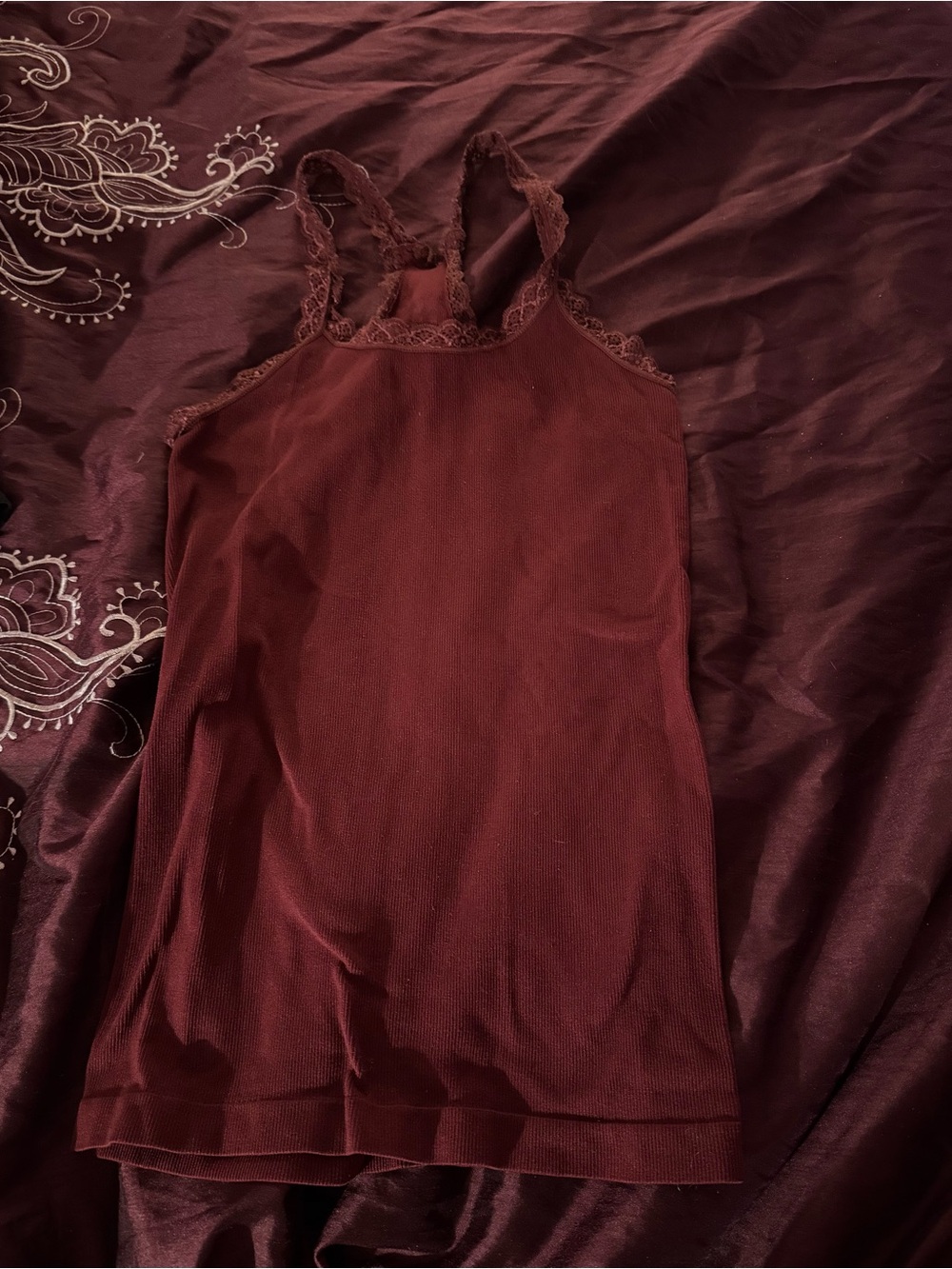 Burgundy Lace-Trim Tank Top